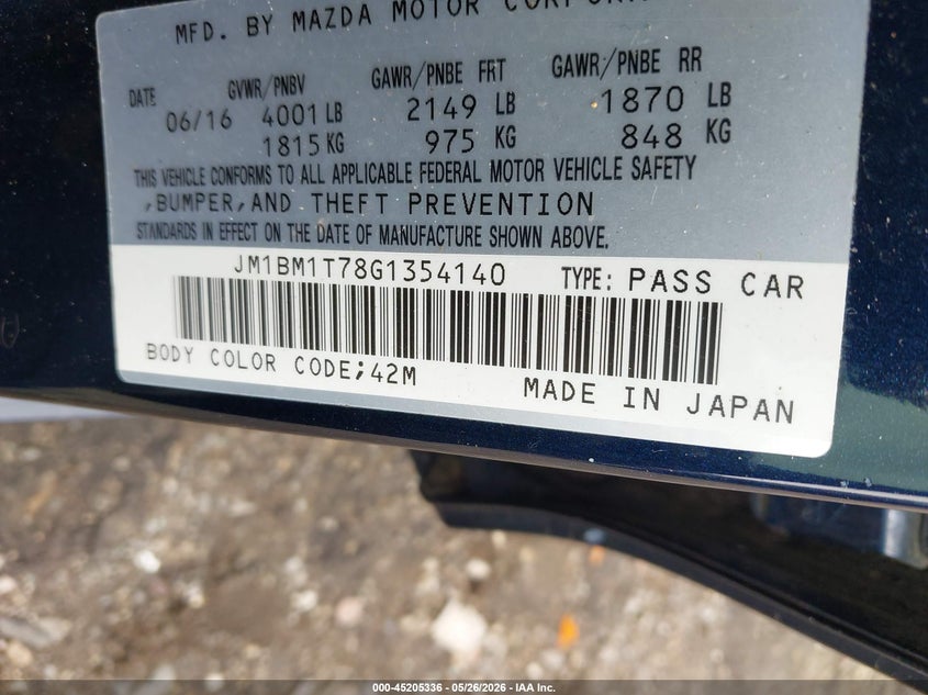 2016 MAZDA 3 SEDAN 2.0L I-4 DI, DOHC, VVT, 155HP