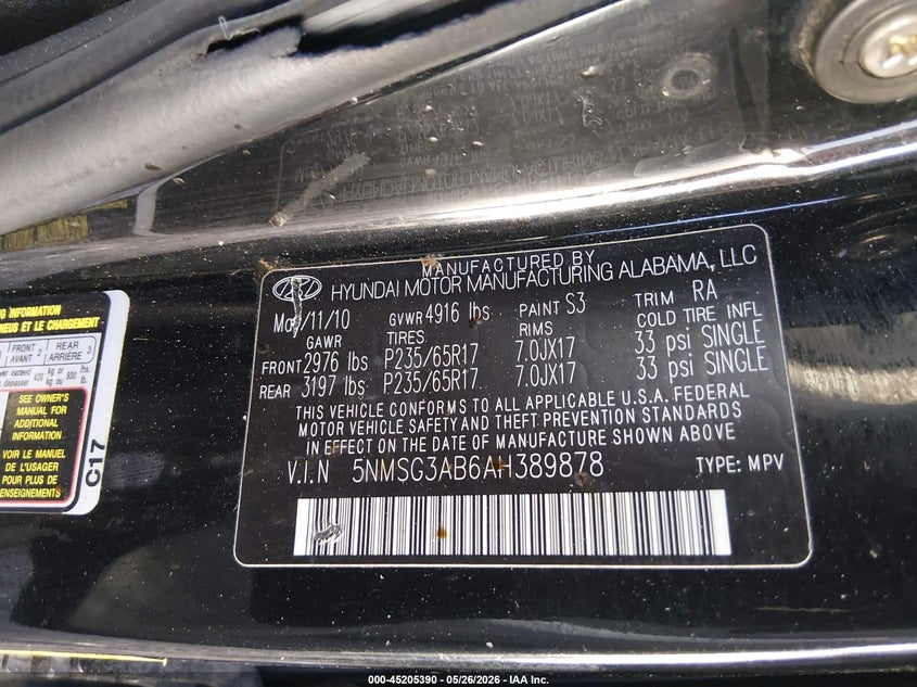 2010 HYUNDAI SANTA FE SPORT UTILITY VEHICLE 2.4L I-4 DOHC, VVT, 175HP