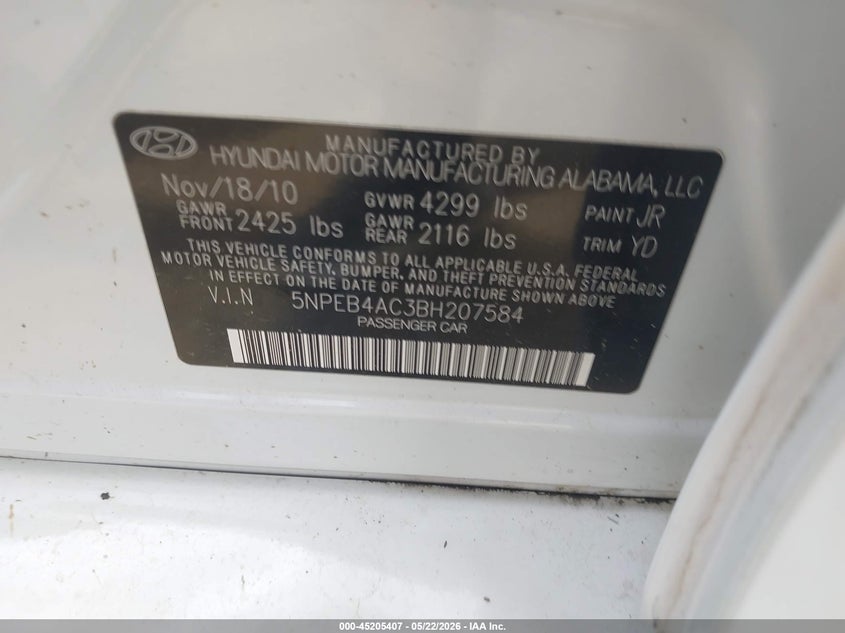 2011 HYUNDAI SONATA SEDAN 2.4L I-4 DI, DOHC, VVT, 190HP