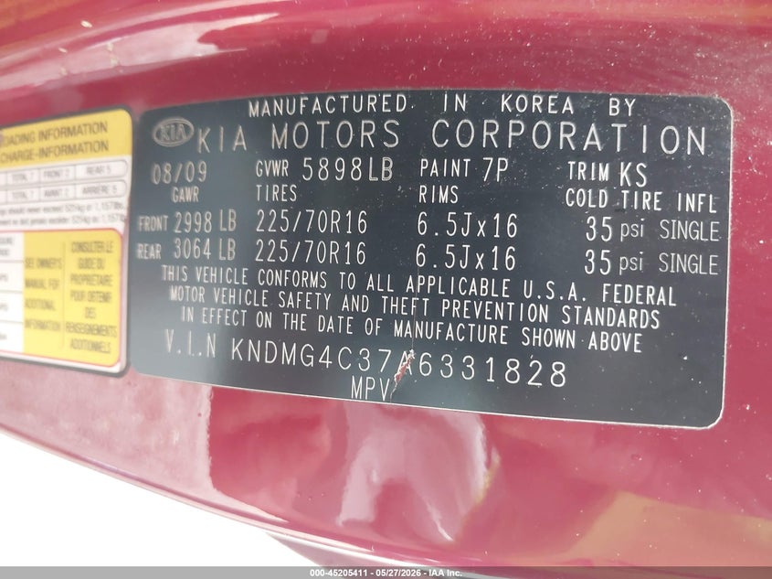 2010 Kia Sedona Lx VIN: KNDMG4C37A6331828 Lot: 45205411