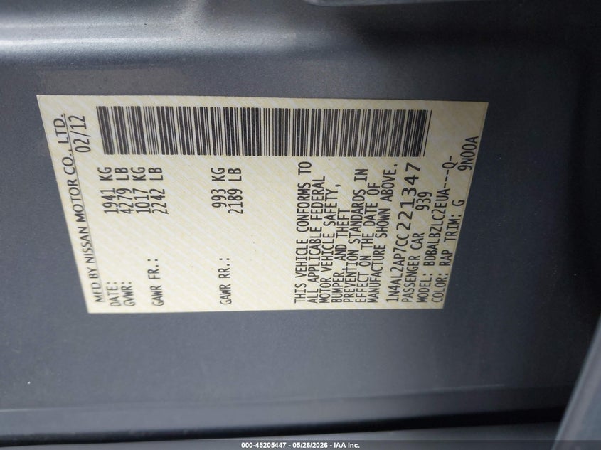 2012 NISSAN ALTIMA SEDAN 2.5L I-4 DOHC, VVT, 175HP