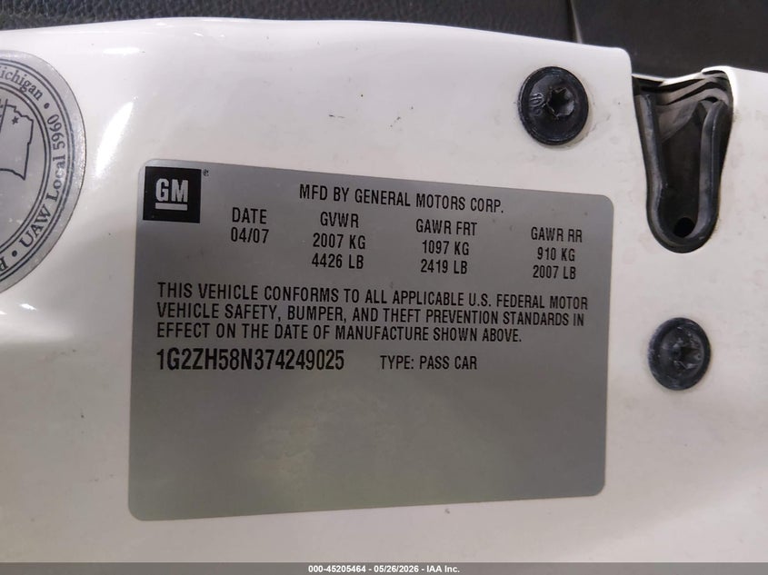 2007 Pontiac G6 Gt VIN: 1G2ZH58N374249025 Lot: 45205464