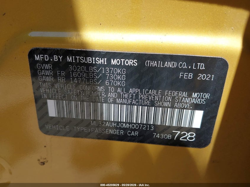 2021 Mitsubishi Mirage VIN: ML32AUHJ0MH007213 Lot: 45205629