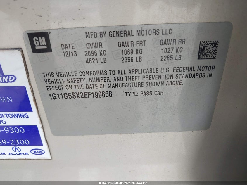 2014 Chevrolet Malibu 3Lt VIN: 1G11G5SX2EF199668 Lot: 45205658
