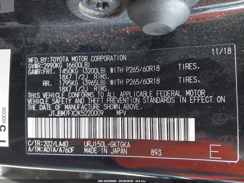2019 Lexus Gx 460 Premium VIN: JTJBM7FX2K5220009 Lot: 45205669