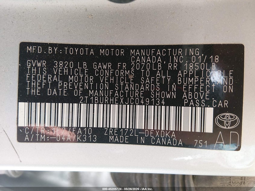 VIN 2T1BURHEXJC049134 2018 TOYOTA COROLLA L