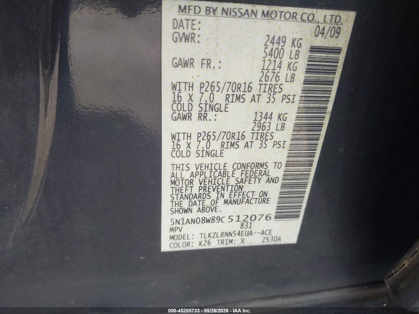 2009 Nissan Xterra S VIN: 5N1AN08W89C512076 Lot: 45205733