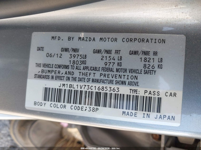 2012 MAZDA 3 SEDAN 2.0L I-4 DI, DOHC, VVT, 155HP