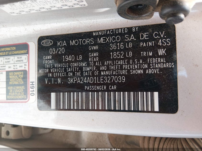 2020 Kia Rio Lx VIN: 3KPA24AD1LE327039 Lot: 45205782