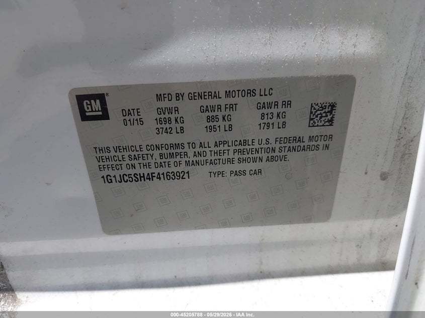 2015 Chevrolet Sonic Lt Auto VIN: 1G1JC5SH4F4163921 Lot: 45205788