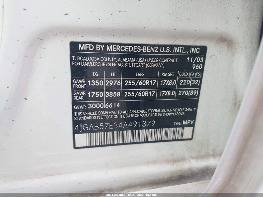 2004 Mercedes-Benz Ml 350 4Matic VIN: 4JGAB57E34A491379 Lot: 45205852