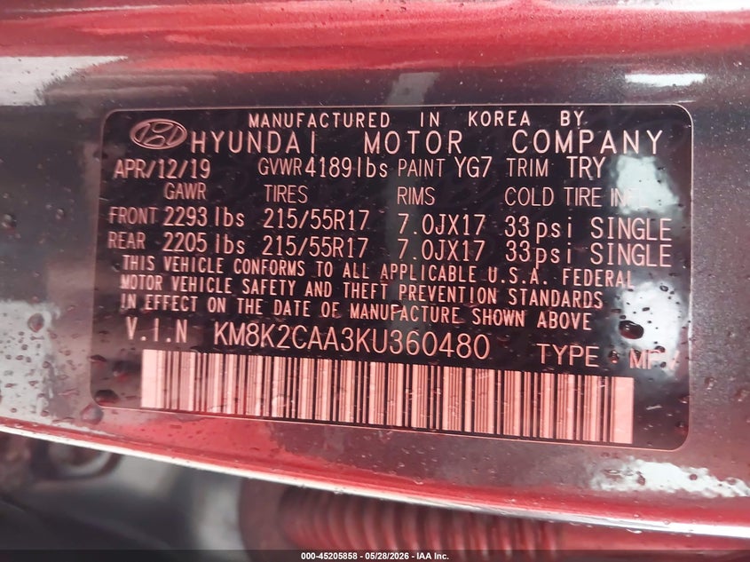 2019 Hyundai Kona Sel VIN: KM8K2CAA3KU360480 Lot: 45205858