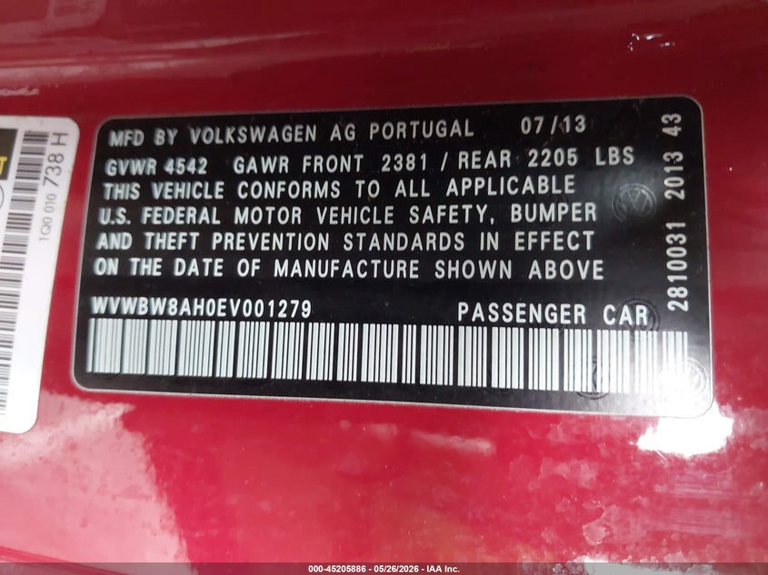 2014 Volkswagen Eos Komfort VIN: WVWBW8AH0EV001279 Lot: 45205886