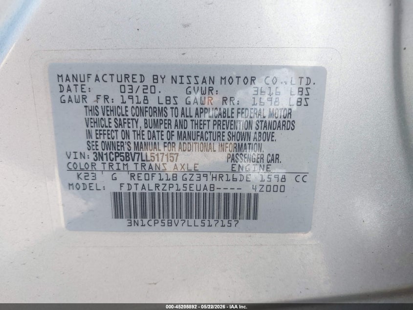 VIN 3N1CP5BV7LL517157 2020 NISSAN KICKS S XTRONIC CVT