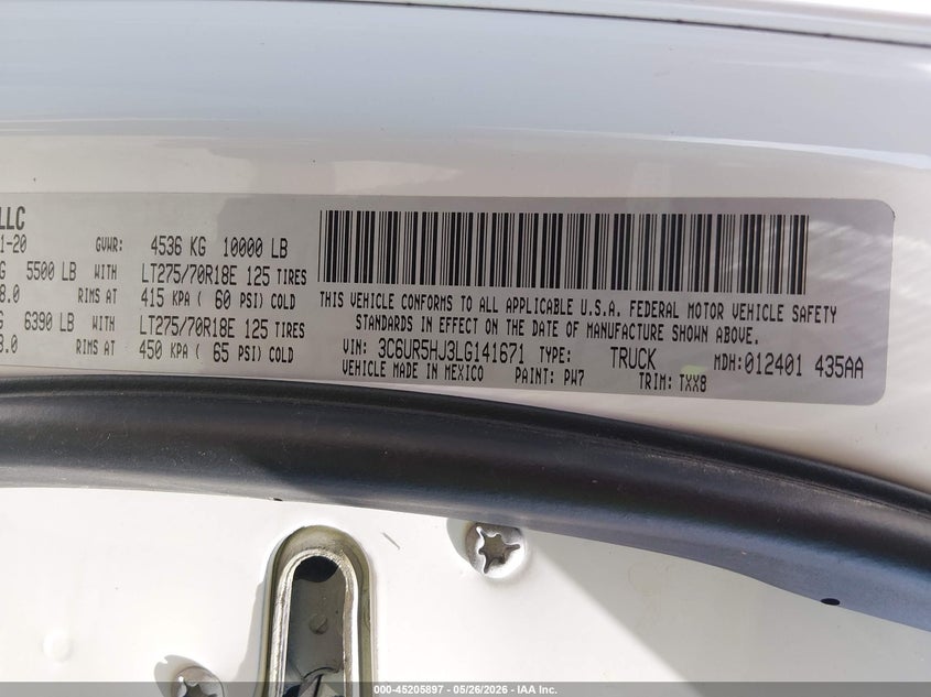 2020 Ram 2500 Tradesman 4X4 8' Box VIN: 3C6UR5HJ3LG141671 Lot: 45205897