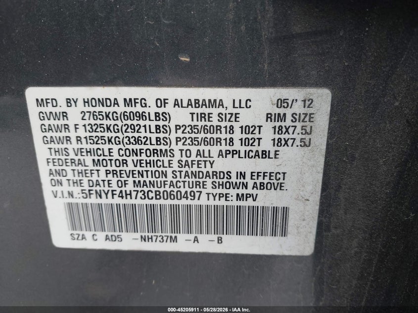 2012 Honda Pilot 3.5 Ex-L grey Lot 111045205911 Vin 5FNYF4H73CB060497