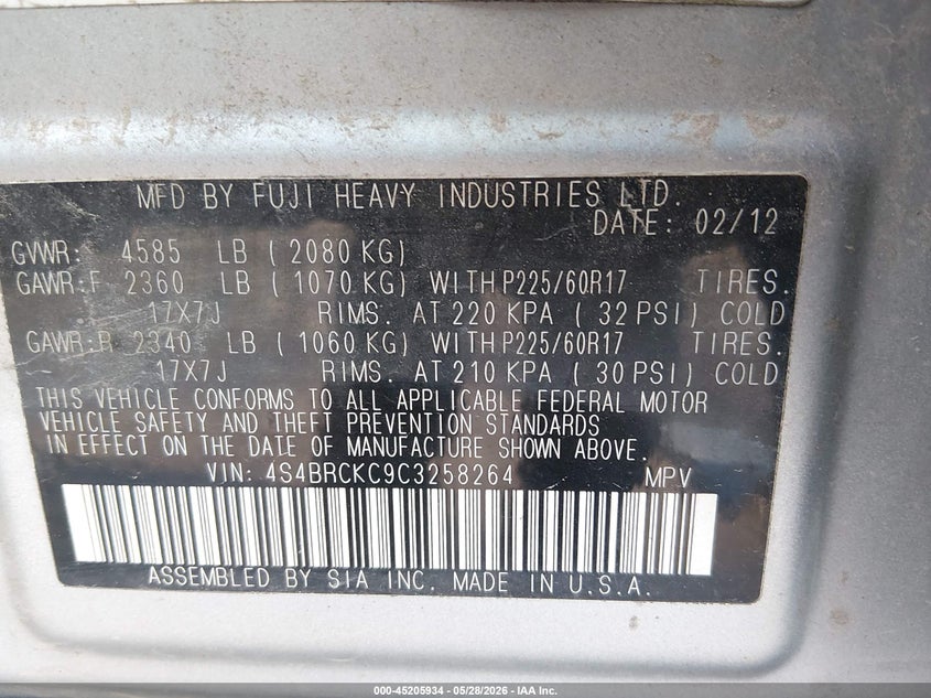 2012 Subaru Outback 2.5 2.5I Limited silver Lot 111045205934 Vin 4S4BRCKC9C3258264