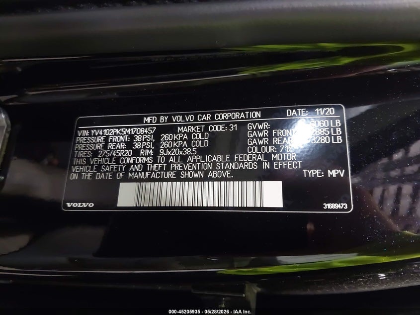 2021 Volvo Xc90 T5 Momentum 7 Passenger VIN: YV4102PK5M1708457 Lot: 45205935