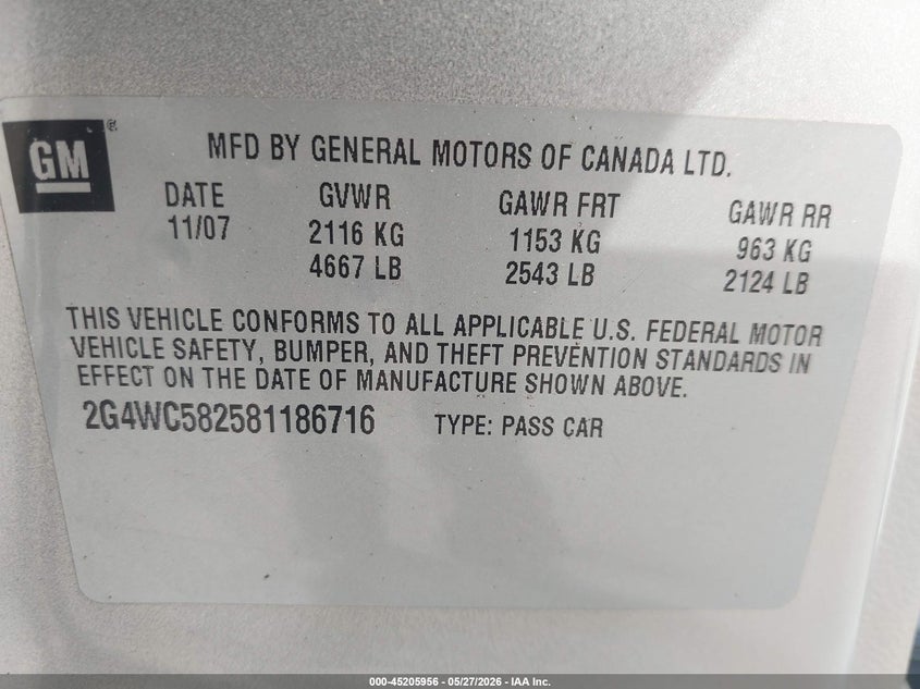 2008 Buick Lacrosse Cx VIN: 2G4WC582581186716 Lot: 45205956
