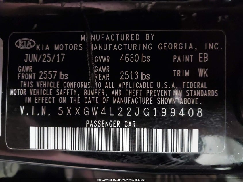 2018 Kia Optima Sx Turbo VIN: 5XXGW4L22JG199408 Lot: 45206015