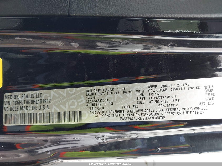 2024 Jeep Gladiator Willys VIN: 1C6HJTAG9RL101912 Lot: 45206017