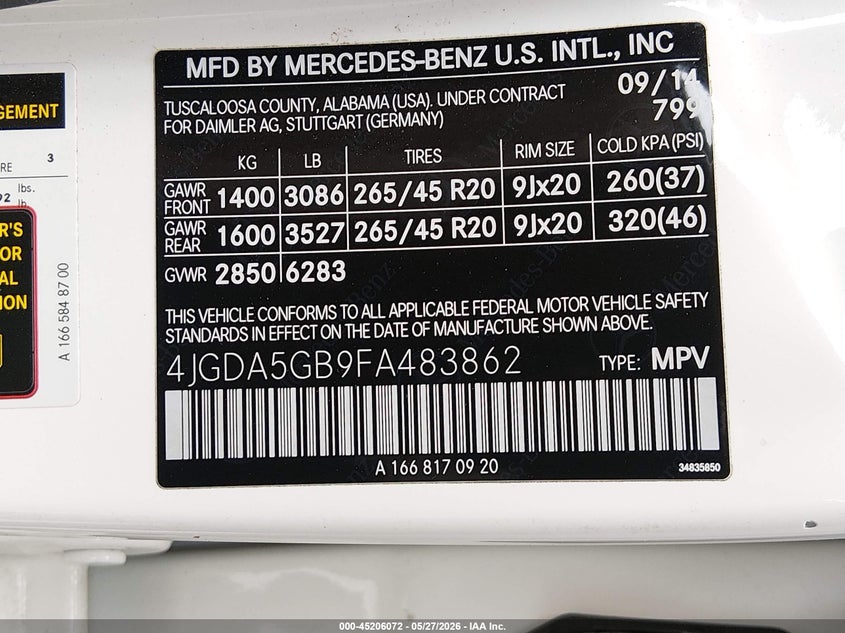 2015 Mercedes-Benz Ml 400 4Matic VIN: 4JGDA5GB9FA483862 Lot: 45206072