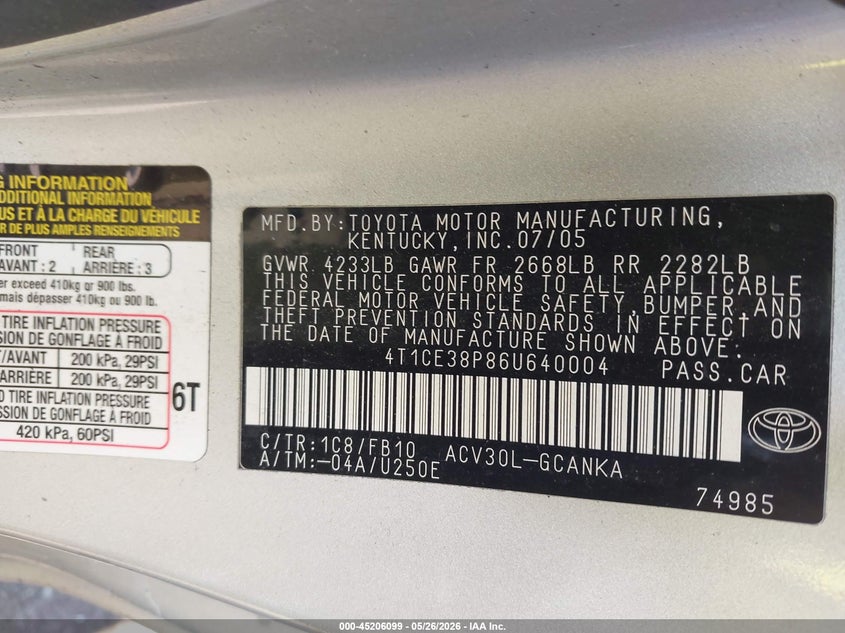2006 Toyota Camry Solara Se VIN: 4T1CE38P86U640004 Lot: 45206099