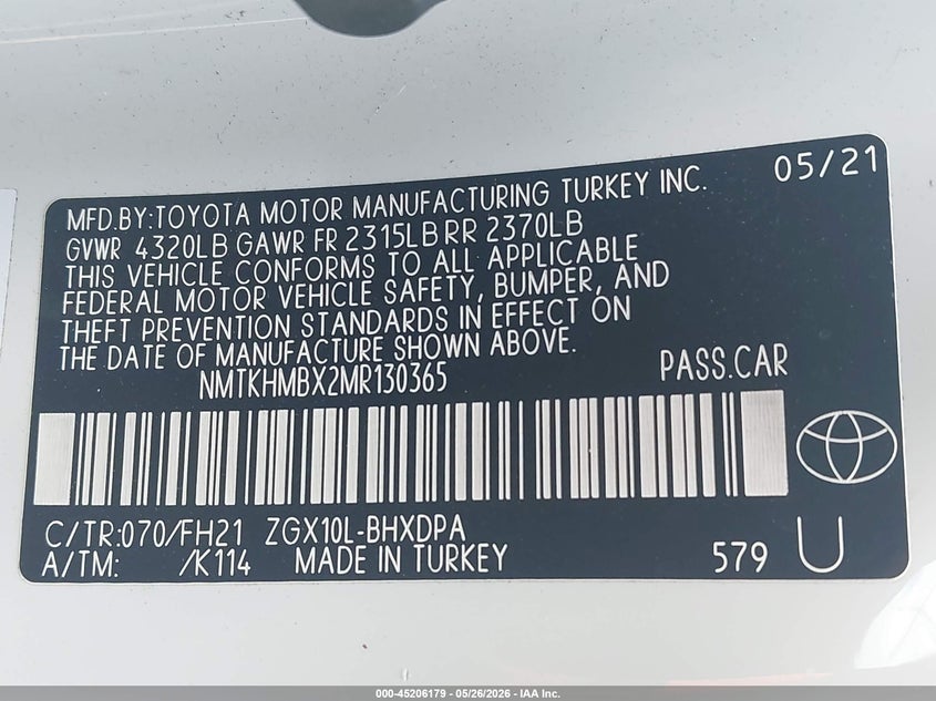 2021 Toyota C-Hr Le VIN: NMTKHMBX2MR130365 Lot: 45206179