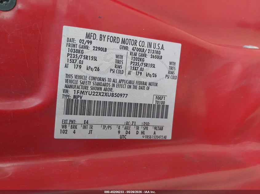 1999 Ford Explorer Sport VIN: 1FMYU22X2XUB50977 Lot: 45206233