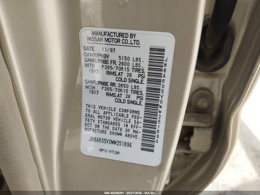 1998 Nissan Pathfinder Le/Se/Xe VIN: JN8AR05Y0WW251894 Lot: 45206291