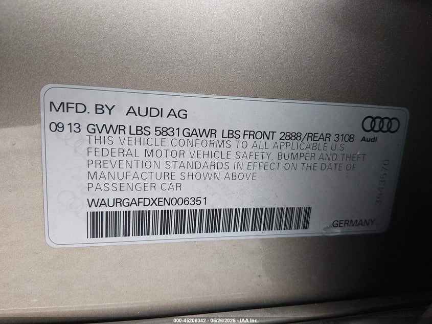 2014 Audi A8 L 3.0T VIN: WAURGAFDXEN006351 Lot: 45206342