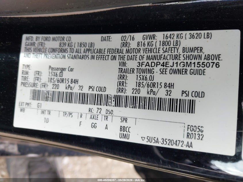 2016 Ford Fiesta Se VIN: 3FADP4EJ1GM155076 Lot: 45206357