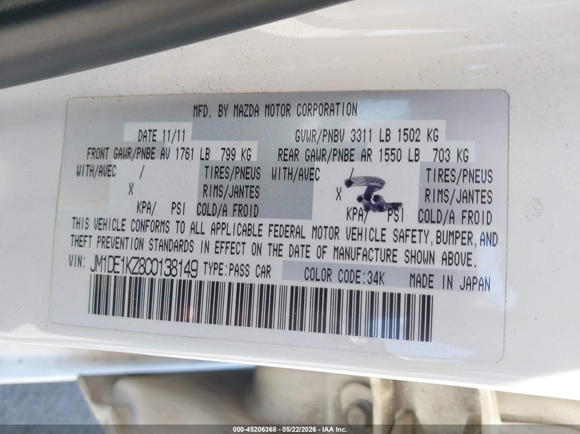 2012 Mazda Mazda2 Sport VIN: JM1DE1KZ8C0138149 Lot: 45206368