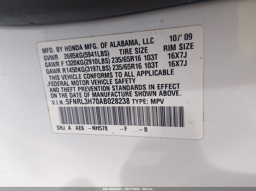 2010 HONDA ODYSSEY VAN 3.5L V-6 VVT, 244HP