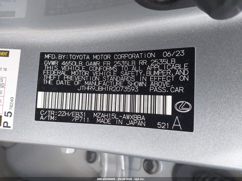 2024 Lexus Ux 250H F Sport Handling VIN: JTHR9JBH1R2073593 Lot: 45206469