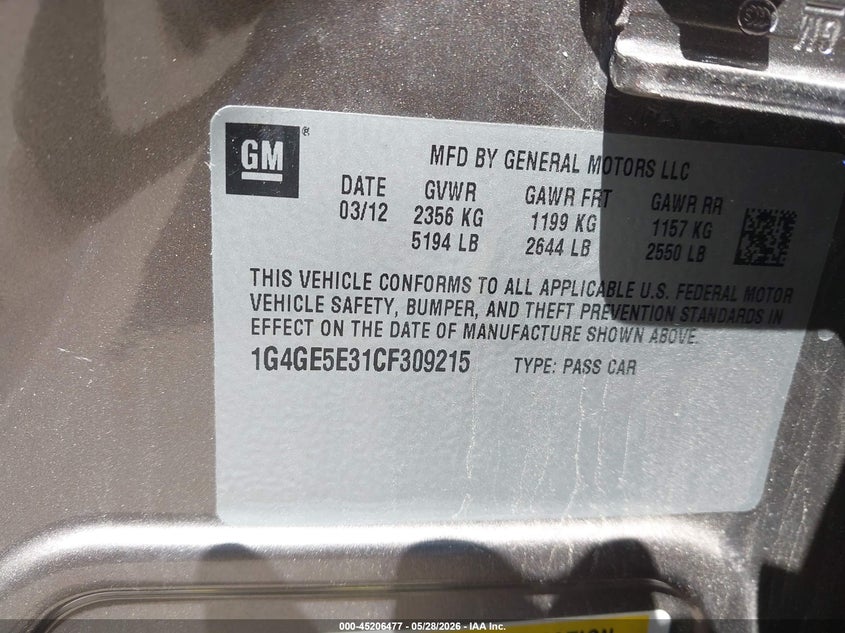2012 Buick Lacrosse Premium 1 Group VIN: 1G4GE5E31CF309215 Lot: 45206477