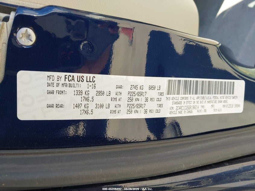 2016 Chrysler Town & Country Touring-L Anniversary Edition VIN: 2C4RC1CG5GR190214 Lot: 45206492