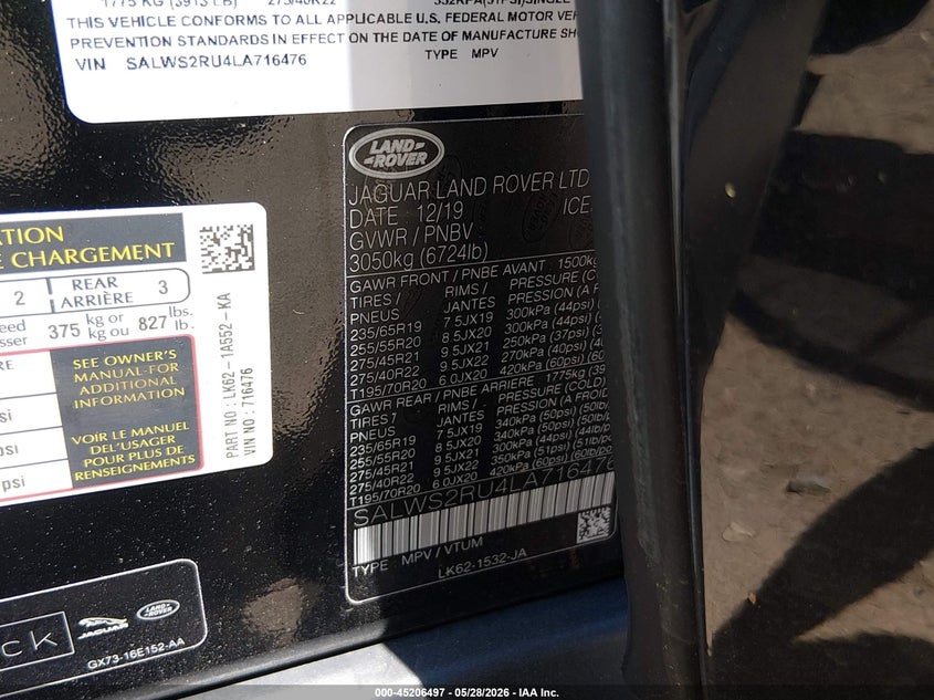 2020 Land Rover Range Rover Sport Hst Mhev VIN: SALWS2RU4LA716476 Lot: 45206497
