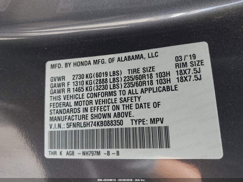 VIN 5FNRL6H74KB088350 2019 HONDA ODYSSEY EX-L