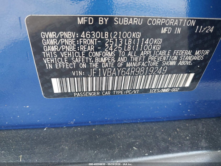 2024 Subaru Wrx Tr VIN: JF1VBAY64R9819249 Lot: 45206638