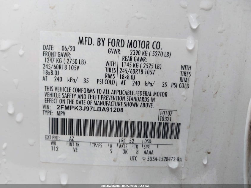 VIN 2FMPK3J97LBA91208 2020 FORD EDGE SEL