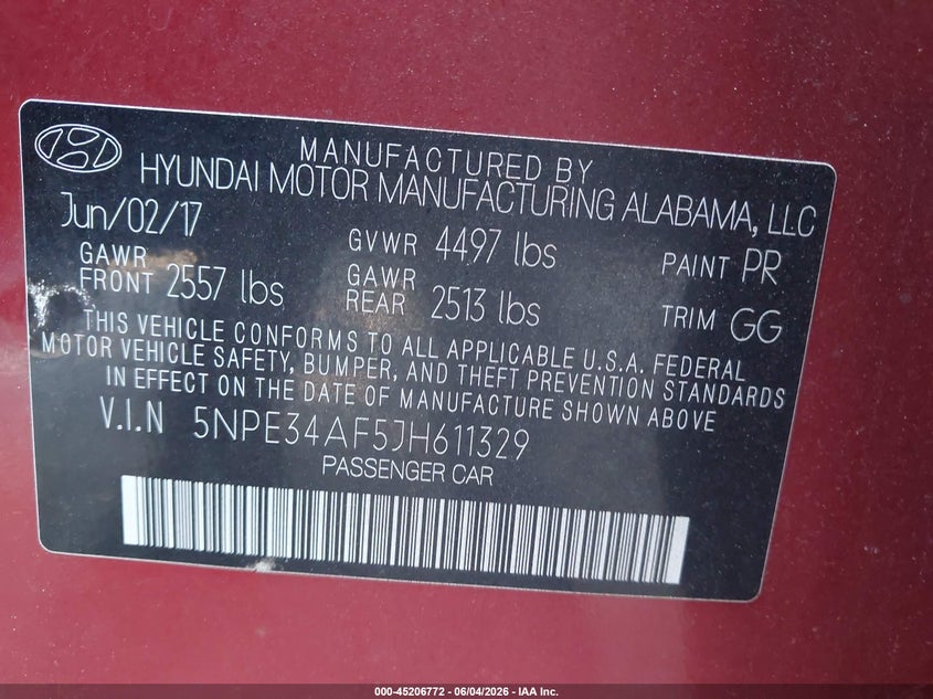 2018 Hyundai Sonata Sel VIN: 5NPE34AF5JH611329 Lot: 45206772