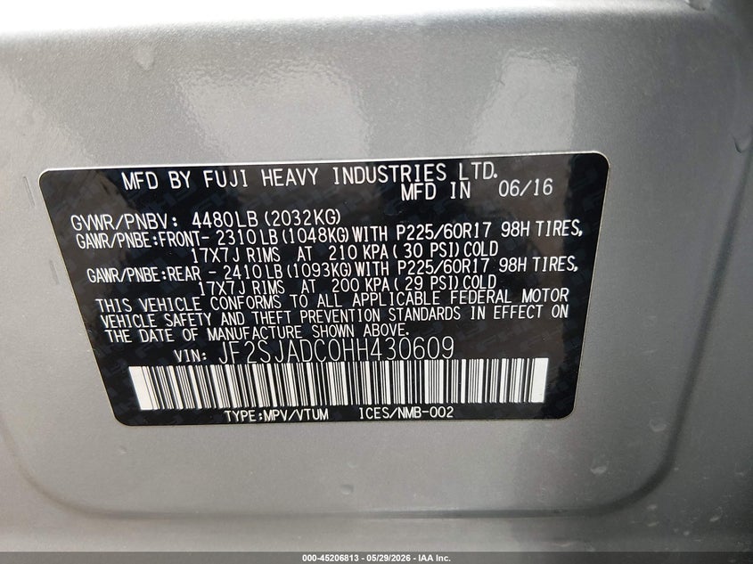 2017 Subaru Forester 2.5I Premium VIN: JF2SJADC0HH430609 Lot: 45206813