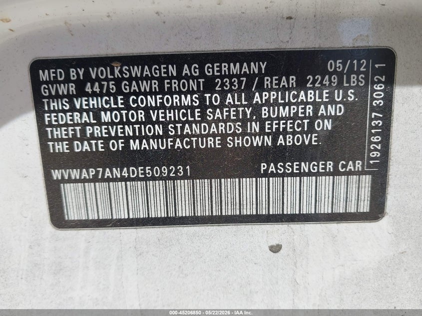 2013 Volkswagen Cc 2.0T Sport VIN: WVWAP7AN4DE509231 Lot: 45206850