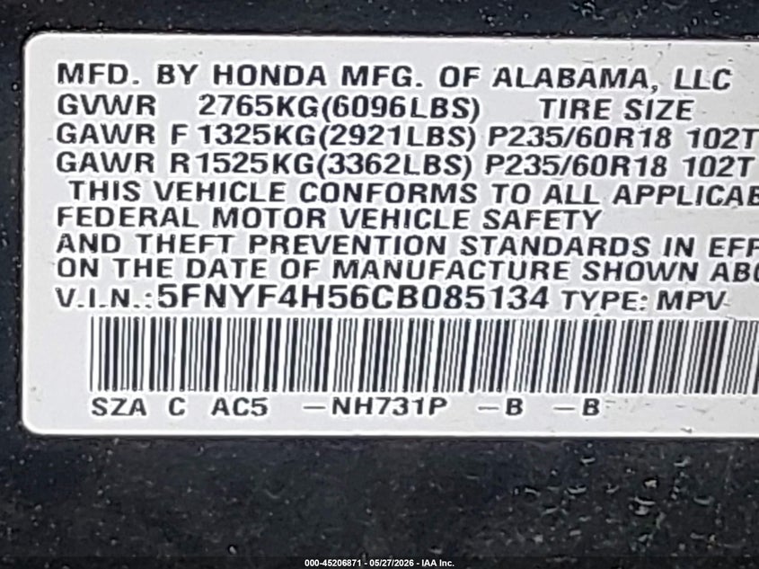 5FNYF4H56CB085134 2012 Honda Pilot 3.5 Ex-L Black