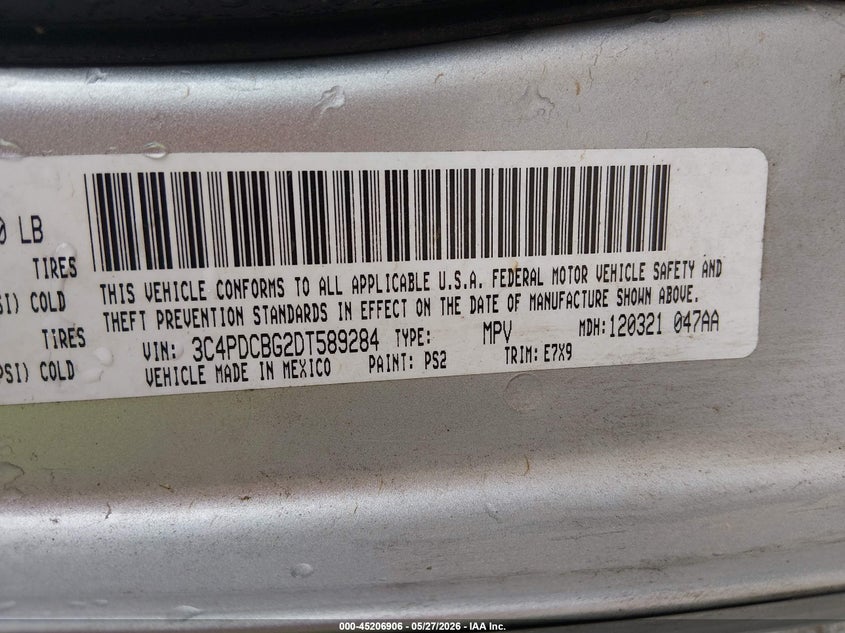 2013 Dodge Journey Sxt VIN: 3C4PDCBG2DT589284 Lot: 45206906