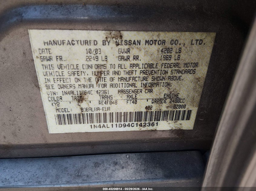 2004 Nissan Altima 2.5 S VIN: 1N4AL11D94C142361 Lot: 45206914