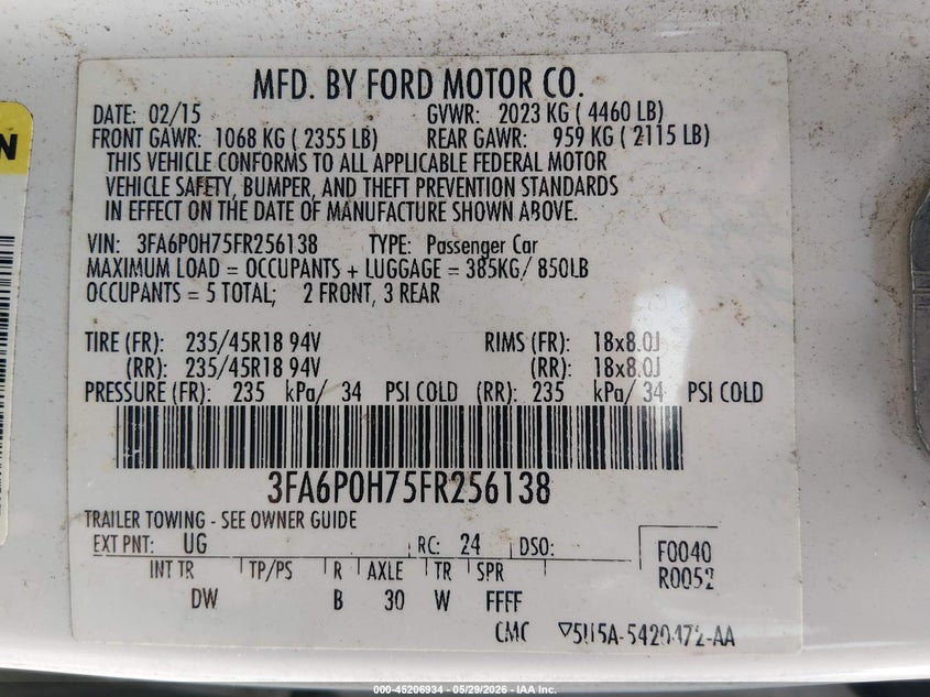 2015 FORD FUSION SEDAN 2.5L I-4 DOHC, VVT, 175HP