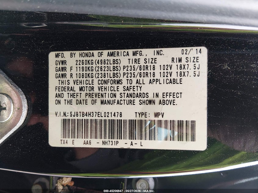 2014 Acura Rdx VIN: 5J8TB4H37EL021478 Lot: 45206947
