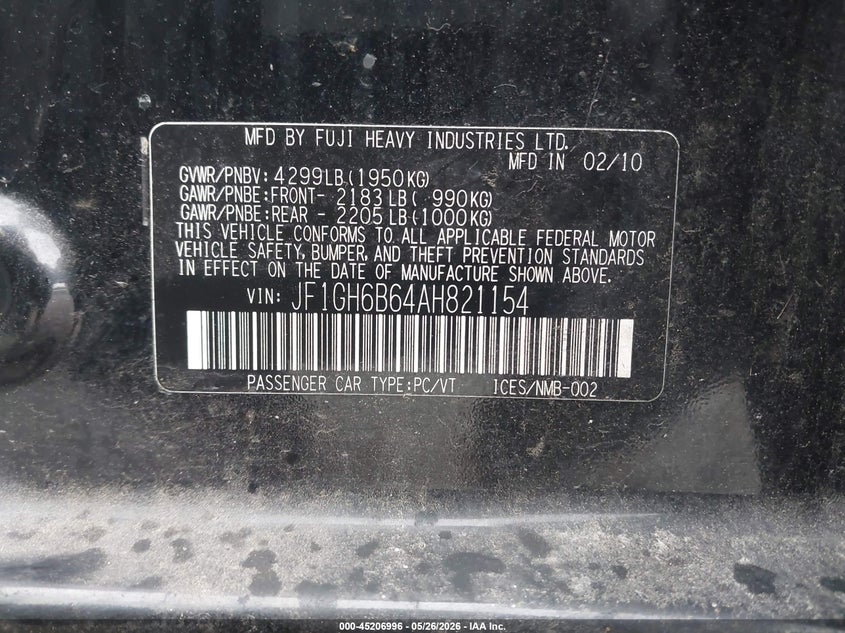 2010 Subaru Impreza 2.5I Premium VIN: JF1GH6B64AH821154 Lot: 45206996